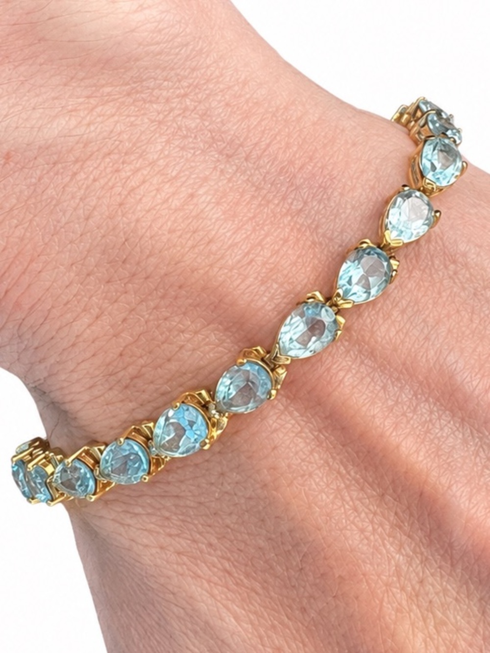 925 Sterling Silver Teardrop Blue Topaz Tennis Bracelet Gold Tone 7.5” 15.53g